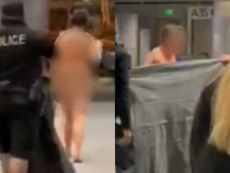 La mujer sin ropa fue captada saludando y haciendo bromas con los usuarios del aeropuerto (CAPTURA)