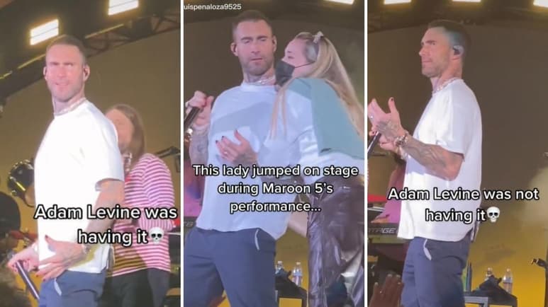 En redes sociales se viralizó un video en el que se ve al vocalista de Maroon 5, Adam Levine, reaccionando ante una fanática que logró subir al escenario y corrió a abrazarlo mientras interpretaba el tema 'Sunday Morning'. (CAPTURA)