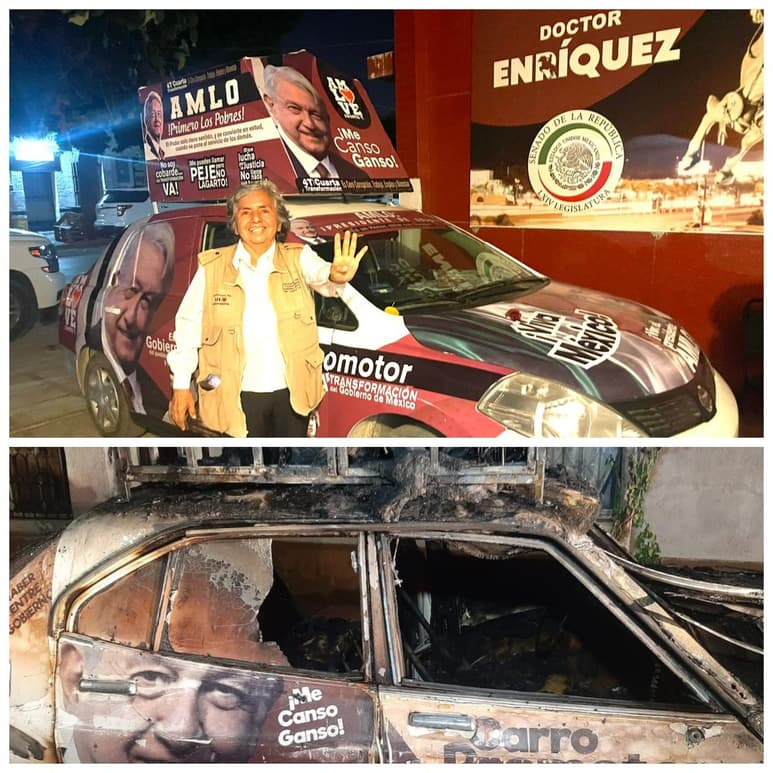 Hace 4 meses en Lerdo fue quemado de manera intencional, con gasolina, un auto Datsun modelo 1975 'tapizado' de mensajes de AMLO de la 4T que se viralizó a nivel nacional y que circulaba por toda La Laguna