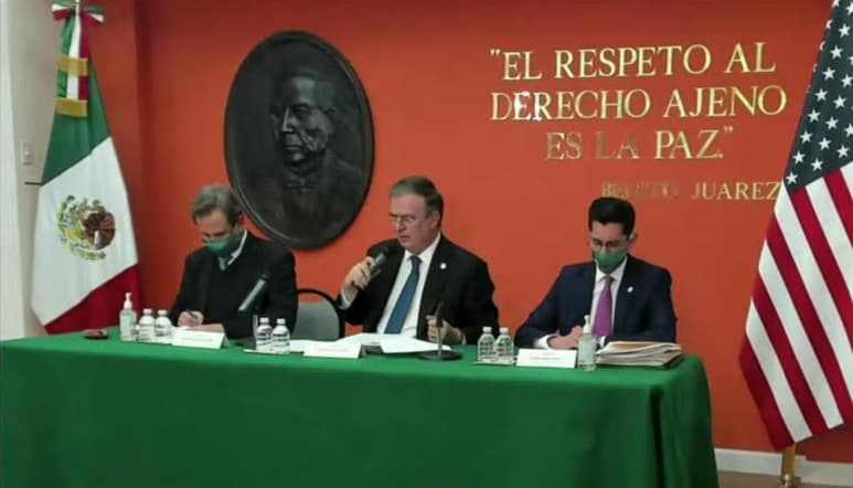 El canciller Marcelo Ebrard ofreció una conferencia de prensa la noche de hoy, tras los encuentros del presidente López Obrador con su homólogo Joe Biden y el primer ministro canadiense Justin Trudeau.  (ESPECIAL)