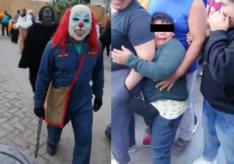 Un niño se vio asustado cuando los 'viejos' de la danza en el centro de Gómez Palacio, pasaron cerca de él (CAPTURA)