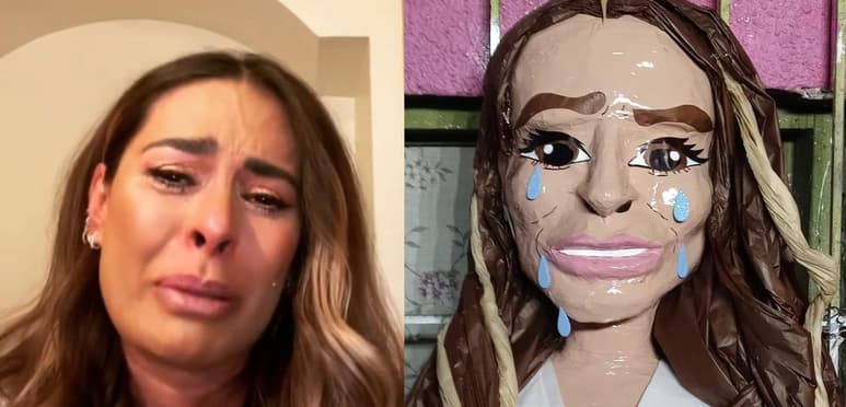 Galilea Montijo apareció llorando tras ser acusada de tener vínculos con el narco, imagen que sirvió como inspiración para crear una piñata de la conductora de televisión (CAPTURA)