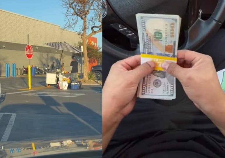 El vendedor de elotes le agradeció al 'tiktoker', ya que con el dinero podrá visitar a su familia en México, pues vende elotes en el extranjero para poder ayudar a su hijo que padece síndrome de Down (CAPTURA)