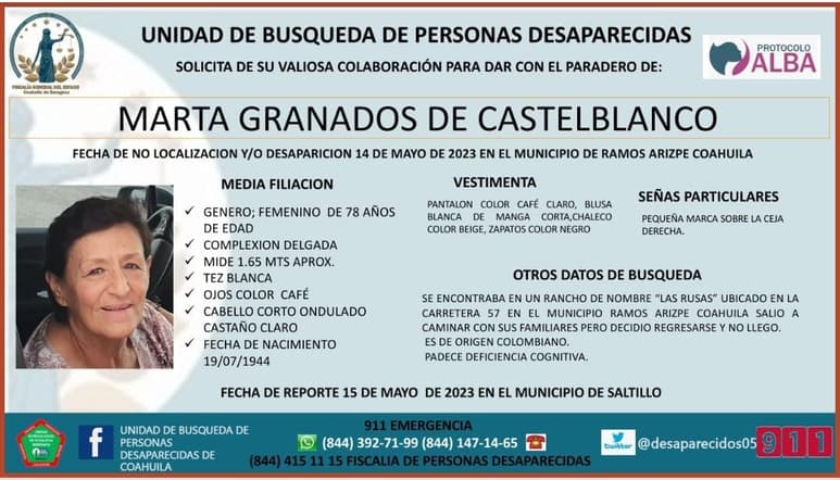 Se trata de Marta Granados de Castelblanco de 78 años de edad, quien padece de sus facultades cognitivas. (ESPECIAL)