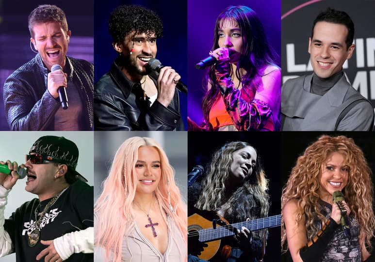 Esta combinación de fotografías muestra a los nominados principales al Latin Grammy 2023, fila superior de iziquierda a derecha, Pablo Alborán, Bad Bunny, María Becerra y Edgar Barrera, fila inferior de izquierda a derecha, Feid, Karol G, Natalia Lafourcade y Shakira. La 24a entrega anual del Latin Grammy se realizará el 16 de noviembre en Sevilla, España. (Foto AP)