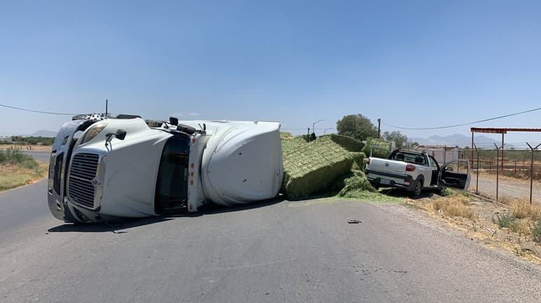 Vuelca tráiler cargado con pacas de alfalfa en Gómez Palacio