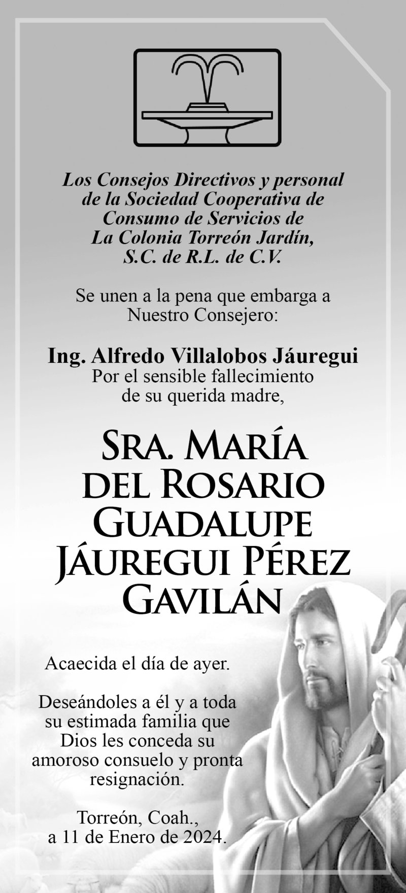 CONDOLENCIA: Sra. María del Rosario Guadalupe Jáuregui Pérez Gavilán