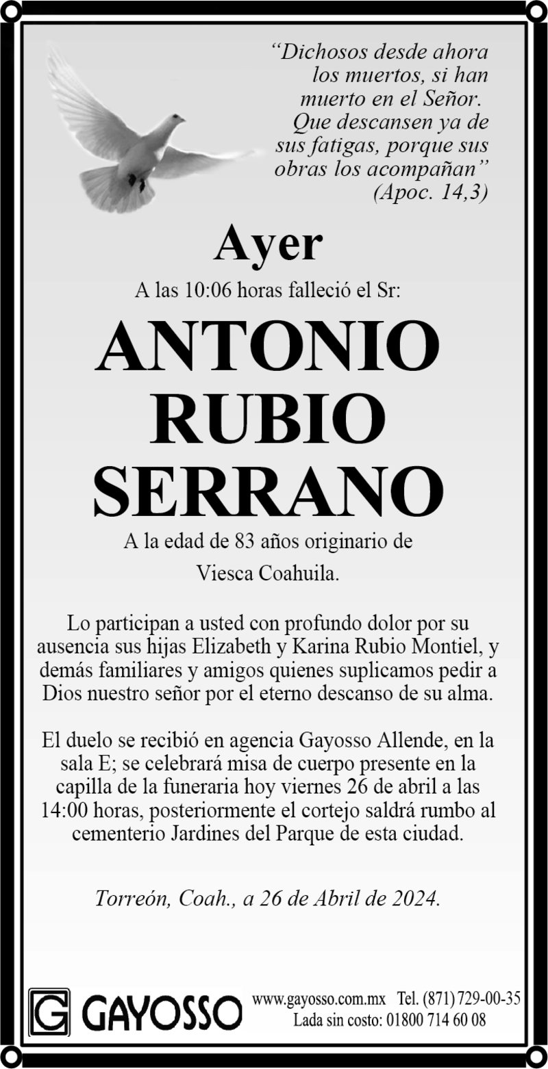 ESQUELA SR. ANTONIO RUBIO SERRANO