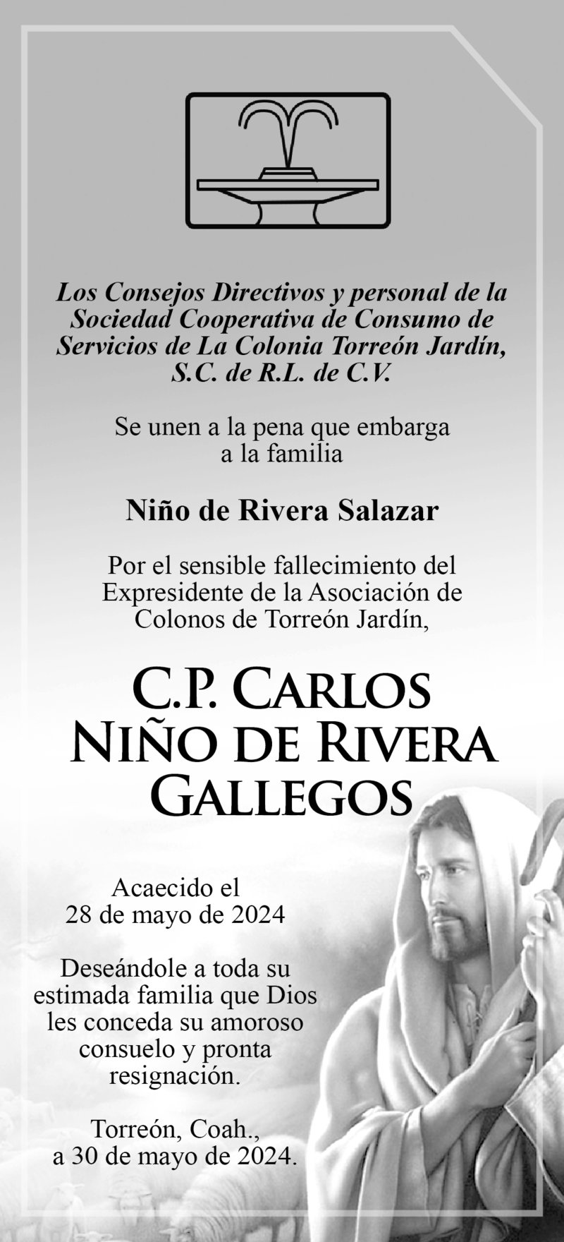 CONDOLENCIA: C.P. Carlos Niño de Rivera Gallegos