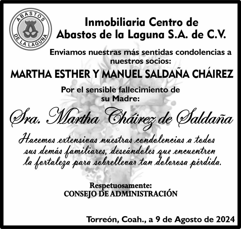 CONDOLENCIA SRA. MARTHA CHAVEZ DE SALDAÑA