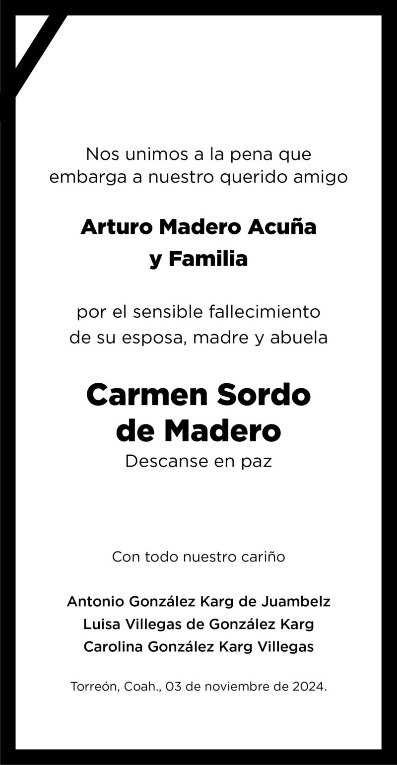 CONDOLENCIA - Carmen Sordo de Madero 