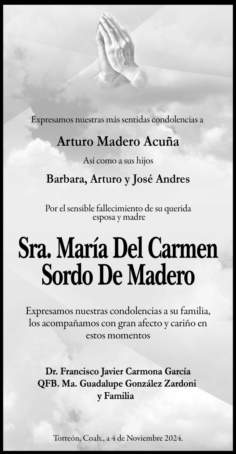 CONDOLENCIA DE Dr. Francisco Javier Carmona García QFB, Ma. Guadalupe González Zardoni y Familia 