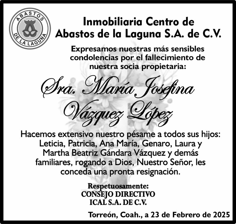 CONDOLENCIA SRA. MARIA JOSEFINA VAZQUEZ LOPEZ