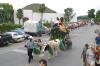 El desfile de carros alegóricos es lento. 
Una banda de guerra abre paso al carruaje del dios Baco que bebe una enorme copa de vino y saluda a la población. 