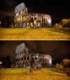El antiguo Coliseo Romano antes y durante la Hora de la Tierra en Roma (Italia).