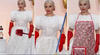 Lady Gaga causó revuelo entre los tuiteros al llegar a la ceremonia con un vestido blanco y guantes rojos.