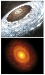 Combo de fotografías facilitadas por ALMA de la ilustración de la línea de nieve del agua alrededor de la joven estrella V883 Orionis, tal y como la ha detectado ALMA.
