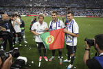 Los tres portugueses del Real Madrid; Fabio Coentrao, Cristiano Ronaldy Pepe.