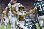 New Orleans Saints wide receiver Austin Carr (80) celebrates his touchdown reception in the first half of an NFL football game against the Philadelphia Eagles in New Orleans, Sunday, Nov. 18, 2018. (Scott Clause/The Daily Advertiser via AP)