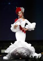 “Miss España baila flamenco, es profesora y confecciona sus propios vestidos. Ella disfruta leyendo novelas de aventura y lucha por los derechos humanos y la igualdad de género”, así describió la modelo su desfile con traje de gala.