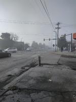 Plaza de Gómez Palacio con neblina esta mañana.
