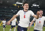 Quarter Final Ukraine vs England

Rome (Italy), 03/07/2021.- Harry Maguire of England celebrates after scoring his team's second goal during the UEFA EURO 2020 quarter final match between Ukraine and England in Rome, Italy, 03 July 2021. (Italia, Ucrania, Roma) EFE/EPA/Alessandra Tarantino / POOL (RESTRICTIONS: For editorial news reporting purposes only. Images must appear as still images and must not emulate match action video footage. Photographs published in online publications shall have an interval of at least 20 seconds between the posting.)
DEP Fútbol ROME ITALY SOCCER UEFA EURO 2020 Italy