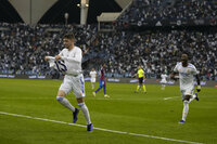 Real Madrid's Federico Valverde celebrates after a goal during the Spanish Super Cup semi final soccer match between Barcelona and Real Madrid at King Fahd stadium in Riyadh, Saudi Arabia, Thursday, Jan. 13, 2022. (AP Photo/Hassan Ammar)