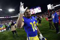 Los Angeles Rams wide receiver Ben Skowronek (18) celebrates as he leaves the field after the team defeated the Tampa Bay Buccaneers during an NFL divisional round playoff football game Sunday, Jan. 23, 2022, in Tampa, Fla. (AP Photo/Jason Behnken)