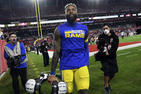 Los Angeles Rams wide receiver Odell Beckham Jr. (3) celebrates after the team defeateed the Tampa Bay Buccaneers during an NFL divisional round playoff football game Sunday, Jan. 23, 2022, in Tampa, Fla. (AP Photo/Jason Behnken)