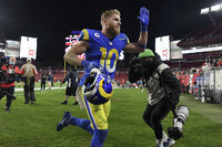 Los Angeles Rams wide receiver Odell Beckham Jr. (3) celebrates after the team defeateed the Tampa Bay Buccaneers during an NFL divisional round playoff football game Sunday, Jan. 23, 2022, in Tampa, Fla. (AP Photo/Jason Behnken)