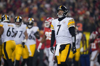 Pittsburgh Steelers quarterback Ben Roethlisberger (7) walks on the field during the first half of an NFL wild-card playoff football game against the Kansas City Chiefs, Sunday, Jan. 16, 2022, in Kansas City, Mo. (AP Photo/Ed Zurga)