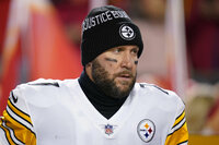 Pittsburgh Steelers quarterback Ben Roethlisberger (7) runs onto the field before an NFL wild-card playoff football game against the Kansas City Chiefs, Sunday, Jan. 16, 2022, in Kansas City, Mo. (AP Photo/Colin E. Braley)