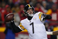 Pittsburgh Steelers quarterback Ben Roethlisberger (7) throws a pass during the first half of an NFL wild-card playoff football game against the Kansas City Chiefs, Sunday, Jan. 16, 2022, in Kansas City, Mo. (AP Photo/Ed Zurga)