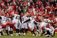 Cincinnati Bengals cornerback Jalen Davis (35) celebrates during overtime in the AFC championship NFL football game against the Kansas City Chiefs, Sunday, Jan. 30, 2022, in Kansas City, Mo. The Bengals won 27-24. (AP Photo/Charlie Riedel)