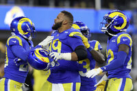 Los Angeles Rams' Matt Gay (8) kicks a field goal during the second half of the NFC Championship NFL football game against the San Francisco 49ers Sunday, Jan. 30, 2022, in Inglewood, Calif. (AP Photo/Elaine Thompson)