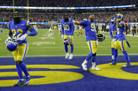 Los Angeles Rams' Van Jefferson (12) celebrates in the final seconds of the NFC Championship NFL football game against the San Francisco 49ers Sunday, Jan. 30, 2022, in Inglewood, Calif. The Rams won 20-17 to advance to the Super Bowl. (AP Photo/Elaine Thompson)