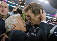 New England Patriots' Tom Brady embraces Patriots owner Robert Kraft after the NFL Super Bowl 53 football game against the Los Angeles Rams, Sunday, Feb. 3, 2019, in Atlanta. The Patriots won 13-3. (AP Photo/Morry Gash)