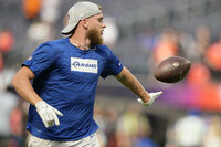 Los Angeles Rams wide receiver Odell Beckham Jr. warms up before the NFL Super Bowl 56 football game against the Cincinnati Bengals, Sunday, Feb. 13, 2022, in Inglewood, Calif. (AP Photo/Tony Gutierrez)