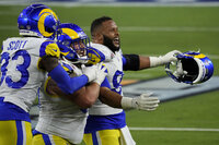 Los Angeles Rams kicker Matt Gay (8) kicks the point after against the Cincinnati Bengals during the second half of the NFL Super Bowl 56 football game Sunday, Feb. 13, 2022, in Inglewood, Calif. (AP Photo/Tony Gutierrez)