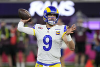 Los Angeles Rams quarterback Matthew Stafford (9) passes against the Cincinnati Bengals during the second half of the NFL Super Bowl 56 football game Sunday, Feb. 13, 2022, in Inglewood, Calif. (AP Photo/Lynne Sladky)