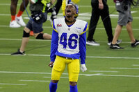 Los Angeles Rams defensive back Grant Haley (46) celebrates during the second half of the NFL Super Bowl 56 football game against the Cincinnati Bengals Sunday, Feb. 13, 2022, in Inglewood, Calif. The Los Angeles Rams won 23-20. (AP Photo/Julio Cortez)