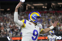 Los Angeles Rams quarterback Matthew Stafford (9) reacts to pass interference in the end zone against the Cincinnati Bengals during the second half of the NFL Super Bowl 56 football game Sunday, Feb. 13, 2022, in Inglewood, Calif. (AP Photo/Mark J. Terrill)