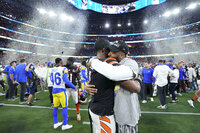 Los Angeles Rams defensive back Grant Haley (46) celebrates during the second half of the NFL Super Bowl 56 football game against the Cincinnati Bengals Sunday, Feb. 13, 2022, in Inglewood, Calif. The Los Angeles Rams won 23-20. (AP Photo/Julio Cortez)