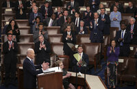 U.S. Rep. Lauren Boebert (R-CO) and Rep. Marjorie Taylor Greene (R-GA) scream 'Build the Wall' at President Joe Biden with Rep. Byron Donalds (R-FL) between them during Biden's State of the Union address to a joint session of the U.S. Congress in the House of Representatives Chamber at the Capitol in Washington, U.S. March 1, 2022.  REUTERS/Evelyn Hockstein/Pool