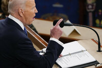 NYTSOTU2022 - President Joe Biden delivers his state of the union address to Congress in the Capitol on Tuesday March 1, 2022 in Washington, D.C. Seated behind him are Vice President Kamala Harris, left, and Speaker Nancy Pelosi. (Photograph by Sarahbeth Maney/The New York Times)