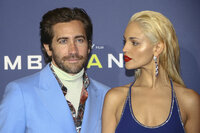 Jake Gyllenhaal, left, and Eiza Gonzalez pose for photographers upon arrival at the premiere of the film 'Ambulance' in London Wednesday, March 23, 2022. (Photo by Joel C Ryan/Invision/AP)