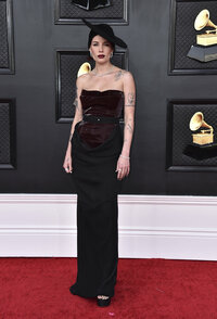Halsey arrives at the 64th Annual Grammy Awards at the MGM Grand Garden Arena on Sunday, April 3, 2022, in Las Vegas. (Photo by Jordan Strauss/Invision/AP)