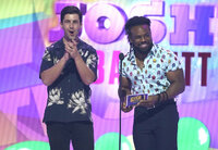 Joshua Bassett accepts the award for favorite male TV star at the Kids Choice Awards on Saturday, April 9, 2022, at the Barker Hangar in Santa Monica, Calif. (AP Photo/Chris Pizzello)