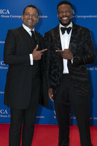 Mario Van Peebles, left, and Chris Tucker pose for photographers as they arrive to the annual White House Correspondents' Association Dinner in Washington, Saturday, April 30, 2022. (AP Photo/Jose Luis Magana)