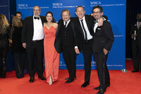 From left Jonathan Ernst, Evelyn Hockstein, Jim Bourg, Evan Vucci and Pablo Martinez Monsivais poses for photographers as they arrives to the annual White House Correspondents Association Dinner in Washington, Saturday, April 30, 2022. (AP Photo/Jose Luis Magana)